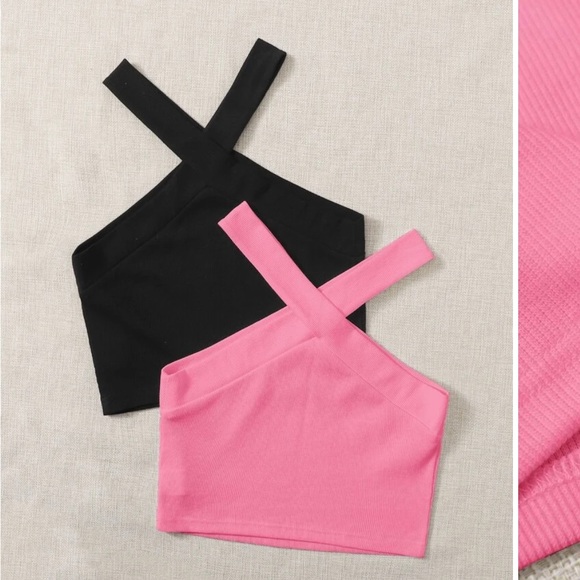 NWT • SHEIN • cross halter • crop tops • set of two • black and pink • size L - Picture 2 of 4